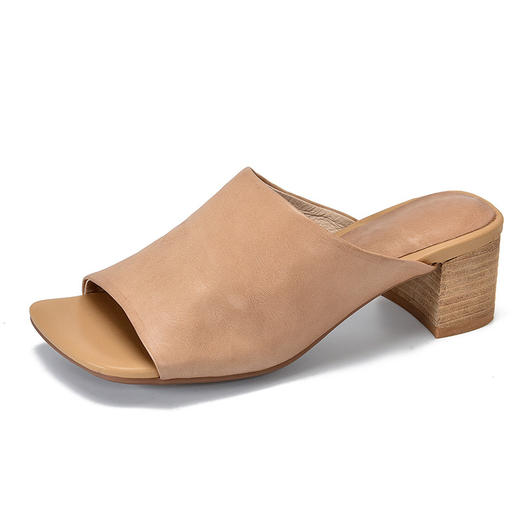 T88273-3高跟拖鞋一字拖女夏2023年新款头层牛皮鱼嘴方头外穿百搭凉拖粗跟 商品图4