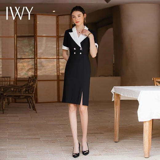 IWY/高级感设计款黑色短袖西装连衣裙收腰显瘦大翻领商务接待工装Q957 商品图2