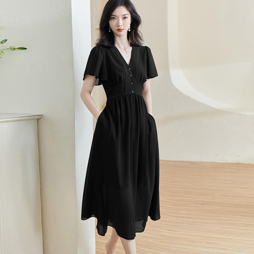 剩S 【现货】米思阳2025夏季新款气质优雅收腰显瘦黑色大摆裙飞飞袖连衣裙1689 商品图0