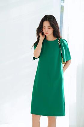 捏褶泡泡袖减龄法式直筒连衣裙 后身精美扣子显瘦夏季连衣裙