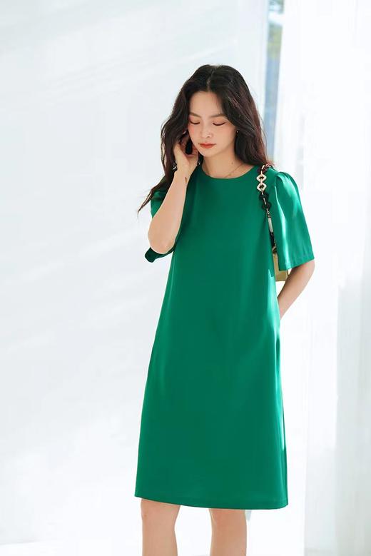 捏褶泡泡袖减龄法式直筒连衣裙 后身精美扣子显瘦夏季连衣裙 商品图0