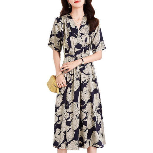 TC 29608真丝连衣裙v领碎花宽松系带大码桑蚕丝裙 商品图4