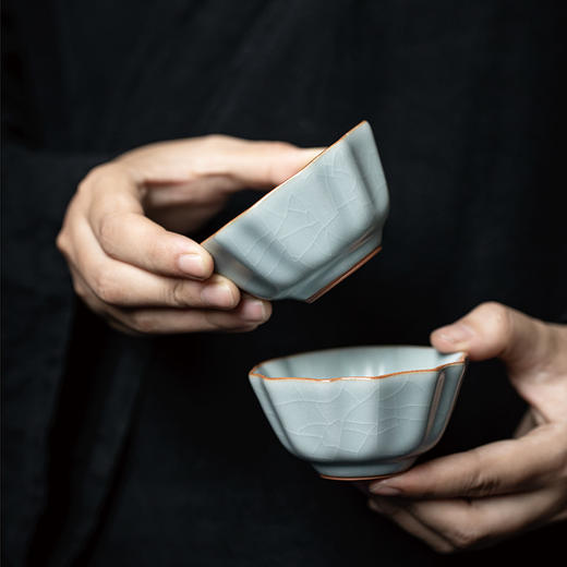 【丰子汝窑】【天青牡丹杯2入茶杯】7.8x4.5cm 50ml 纯手工开片主人杯陶瓷汝瓷单杯子个人品茗杯功夫茶具 商品图1