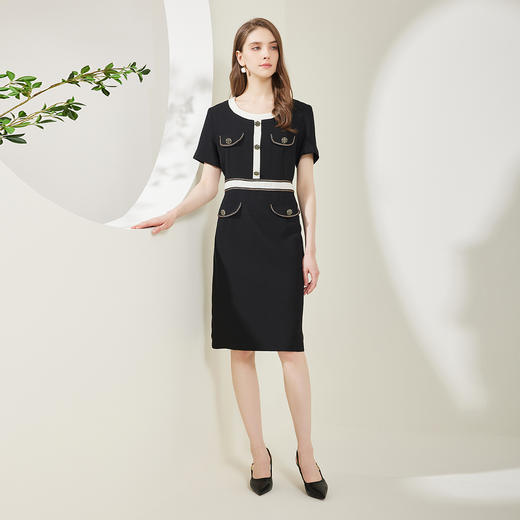 NF8S3斯尔丽瑟俪2023夏季新款气质撞色精致装饰修身圆领短袖连衣裙 商品图3