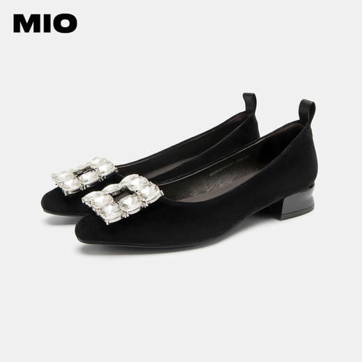 MIO米奥春秋女鞋中跟一脚蹬单鞋通勤工作鞋方钻小皮鞋黑色浅口鞋M234432402 商品图3