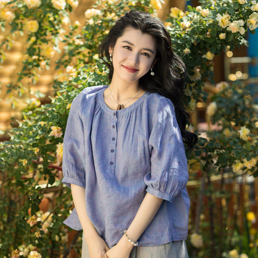 绽放176朵/高级质感色织亚麻宽松文艺衬衫 商品图2