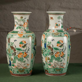 清 五彩花鸟纹开窗赏瓶（一对）