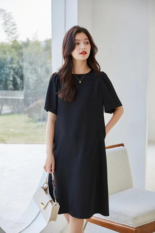 捏褶泡泡袖减龄法式直筒连衣裙 后身精美扣子显瘦夏季连衣裙 商品图11