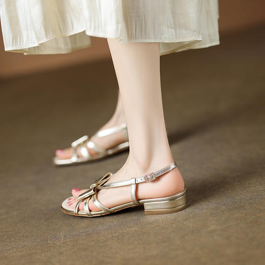 舒适减龄，甜美蝴蝶结里外全皮低跟凉鞋QQJ-850F 商品图6