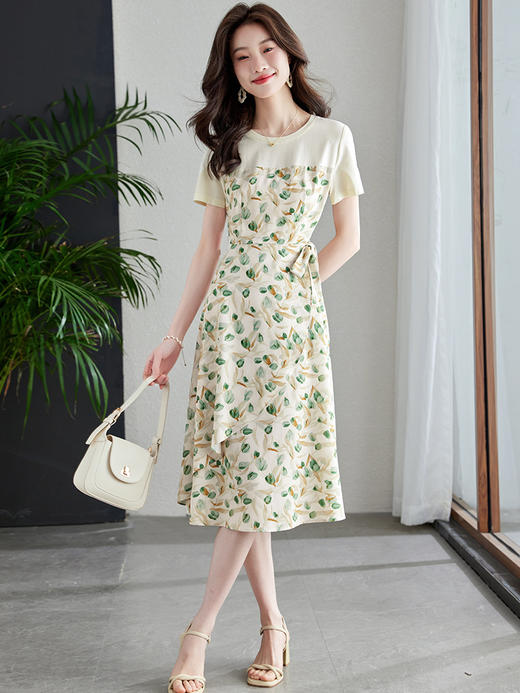 【专属特价】熙世界假两件碎花连衣裙女2025夏季新款短袖圆领不规则荷叶边裙子 商品图0