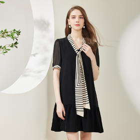 NF8M5斯尔丽瑟俪2023夏季新款浪漫气质领口条纹领结减龄连衣裙