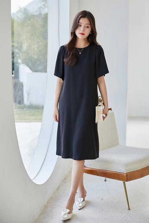 捏褶泡泡袖减龄法式直筒连衣裙 后身精美扣子显瘦夏季连衣裙 商品图7