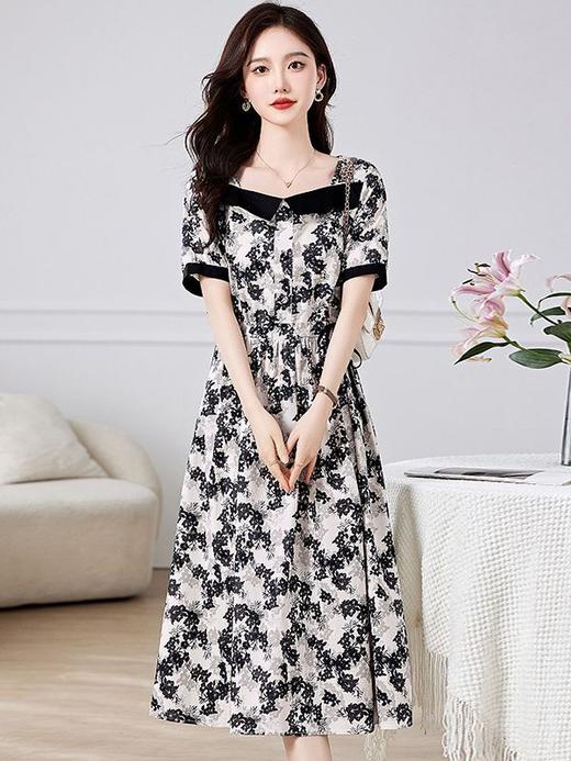 收腰显瘦，气质方领拼接撞色抽绳高腰A字碎花连衣裙HR-WX3019 商品图1