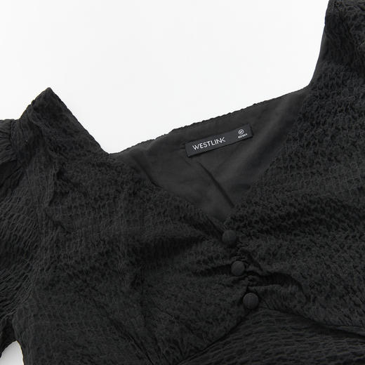 西遇V领泡泡袖连衣裙女夏新款褶皱裙子收腰紧身D0030722 商品图5