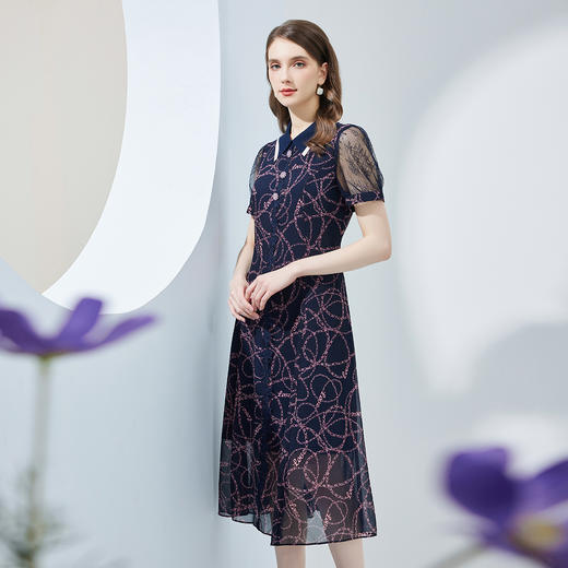 NF8Q6斯尔丽瑟俪2023夏季新款蕾丝印花高腰节设计配色领子连衣裙 商品图2