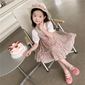 【碎花假两件连衣裙送草帽】亲肤贴身柔软舒适，耐洗耐穿，时尚舒展百褶裙轻盈灵动，甜美可爱女宝宝夏季假两件短袖连衣裙，新款婴儿童0一4岁雪纺小女孩公主裙潮sh