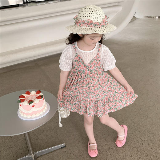 【碎花假两件连衣裙送草帽】亲肤贴身柔软舒适，耐洗耐穿，时尚舒展百褶裙轻盈灵动，甜美可爱女宝宝夏季假两件短袖连衣裙，新款婴儿童0一4岁雪纺小女孩公主裙潮sh 商品图3