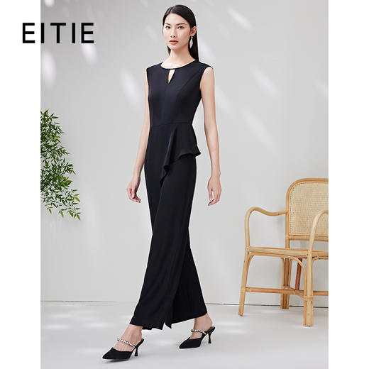 EITIE爱特爱夏季新款干练圆领无袖高腰直筒显瘦黑色通勤连体裤B2307122 商品图0