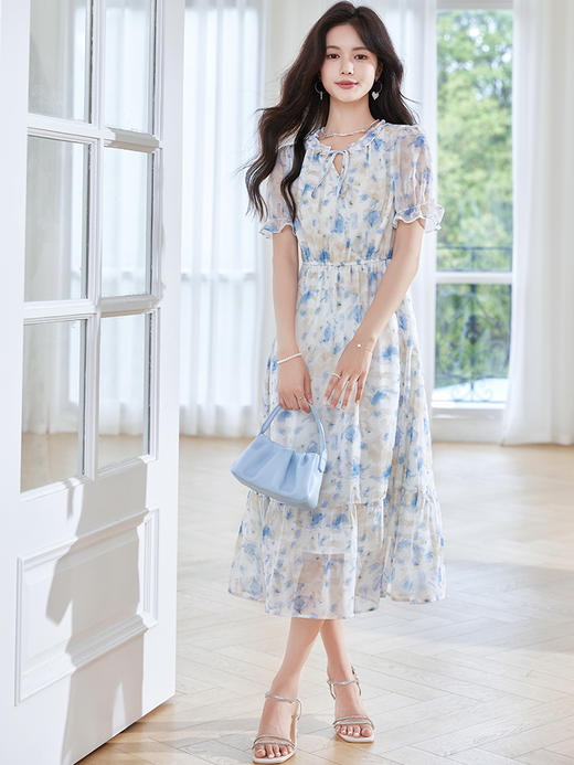 【专属特价】熙世界蓝色碎花雪纺连衣裙女2024夏季温柔风甜美气质别致漂亮裙子 商品图0