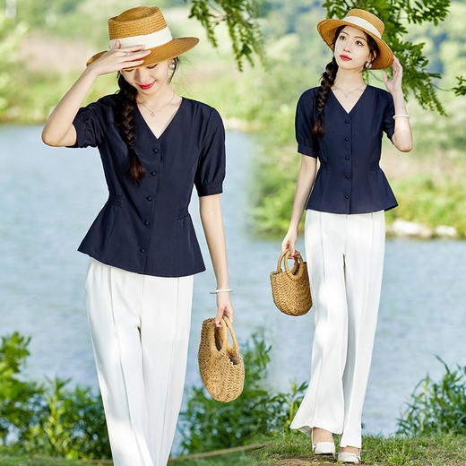 纯色复古风，收腰V领收腰上衣配白色西裤两件套HR-SYY3312B-2-1 商品图1