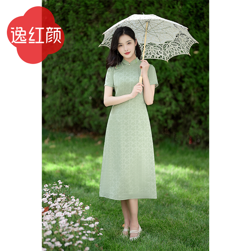 逸红颜陇月2026夏季新款提花面料连衣裙女短袖旗袍改良版连衣裙