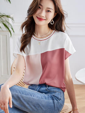 【五折购】熙世界蝙蝠袖拼色圆领雪纺衫女2025夏日新款高端时尚洋气小衫上衣