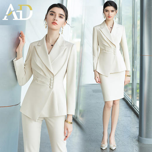 AD浅色职业装西装女秋时尚套装主持人艺考正装修身显瘦米白色西服 商品图0