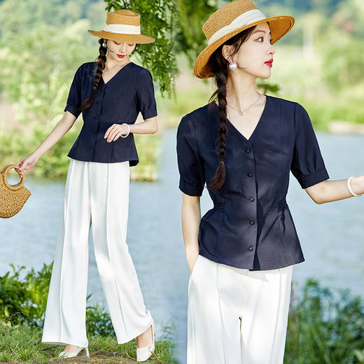 纯色复古风，收腰V领收腰上衣配白色西裤两件套HR-SYY3312B-2-1 商品图0