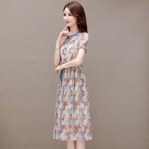 夏季新款，系带收腰裙中长款时尚木耳边圆领短袖裙印花连衣裙QYM-LRX-XYZX8966-Y 商品图1