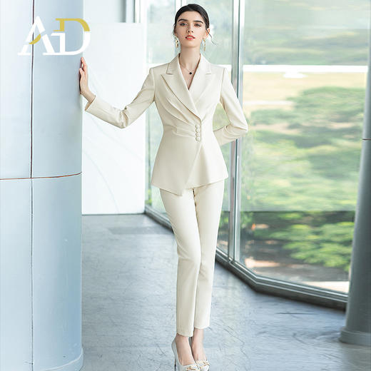 AD浅色职业装西装女秋时尚套装主持人艺考正装修身显瘦米白色西服 商品图1