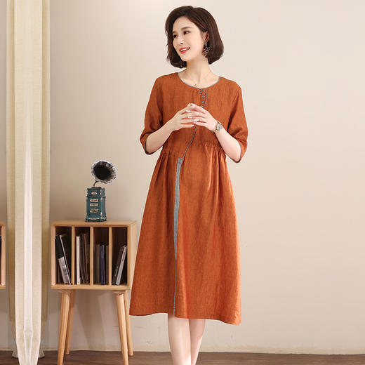 HR XLSZ503-3气质亚麻系带收腰显瘦纯色连衣裙 商品图3