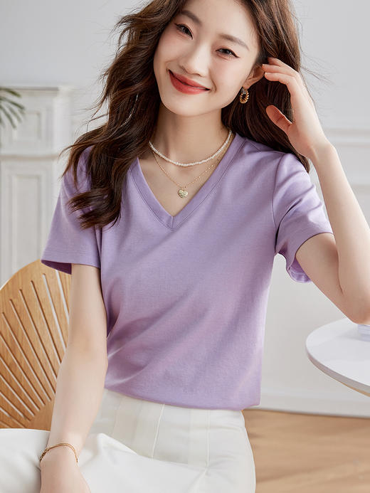 【专属特价】熙世界醋酸&莫代尔棉V领T恤女宽松显瘦遮肚子百搭上衣2025夏新款 商品图0