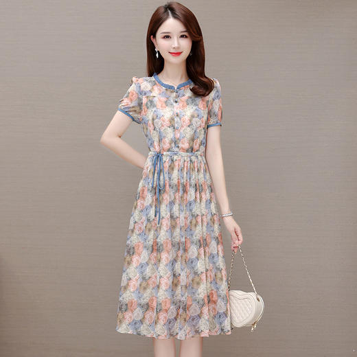 夏季新款，系带收腰裙中长款时尚木耳边圆领短袖裙印花连衣裙QYM-LRX-XYZX8966-Y 商品图0