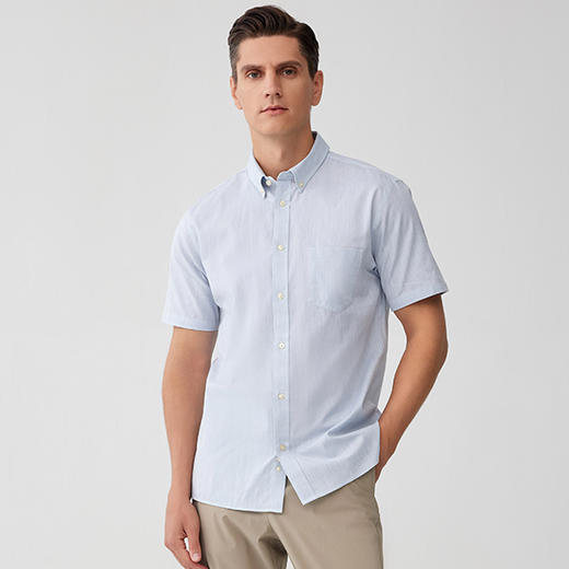 【纯棉短袖衬衫】23年夏季新品男士100%棉纯色薄款商务休闲上衣 商品图0