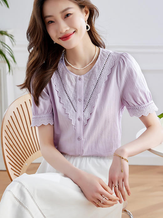 【专属特价】熙世界纯棉衬衫女短袖高级感穿搭小个子衬衣夏季镂空花边圆领上衣 商品图0