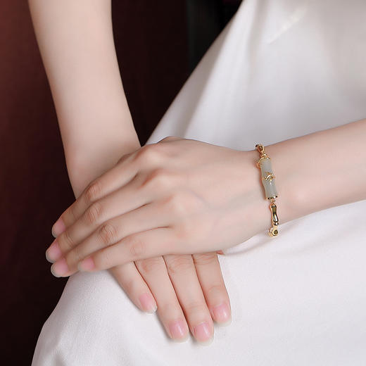 S925纯银镀金和田玉，简约竹节竹叶个性手链节节高升手饰 商品图3