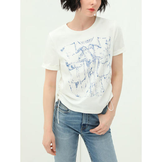 COCOBELLA设计感手绘趣味印花抽绳短袖T恤圆领休闲上衣TS926 商品图1