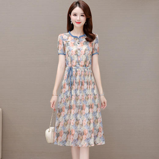 夏季新款，系带收腰裙中长款时尚木耳边圆领短袖裙印花连衣裙QYM-LRX-XYZX8966-Y 商品图5
