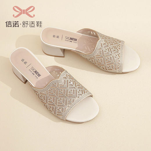 信诺凉拖女外穿夏季网纱夏新款时尚气质百搭粗跟中年一字拖凉拖鞋23L126-13 商品图1