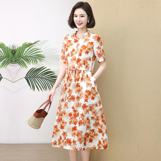 HR XLSZ502-2拼接木耳边抽绳收腰显瘦气质连衣裙 商品图1