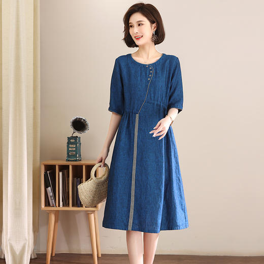 HR XLSZ503-3气质亚麻系带收腰显瘦纯色连衣裙 商品图0