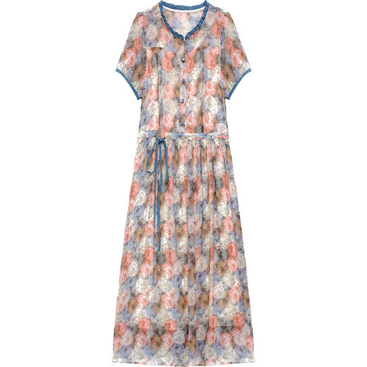 夏季新款，系带收腰裙中长款时尚木耳边圆领短袖裙印花连衣裙QYM-LRX-XYZX8966-Y 商品图4