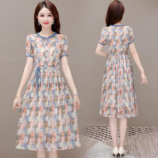夏季新款，系带收腰裙中长款时尚木耳边圆领短袖裙印花连衣裙QYM-LRX-XYZX8966-Y 商品图2