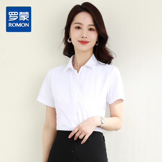 罗蒙夏季女装短袖棉质衬衫女士修身显瘦暗门襟商务通勤职业OL上班衬衣女 商品图0