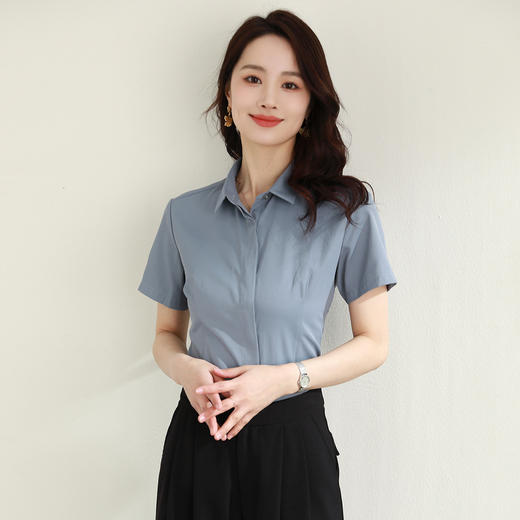 罗蒙夏季女装短袖棉质衬衫女士修身显瘦暗门襟商务通勤职业OL上班衬衣女 商品图3