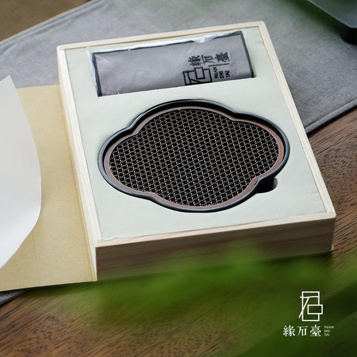 缘石台/君子系列/海棠 玉檀砚+手编铜 茶盘干泡台储水小茶盘壶承 商品图3