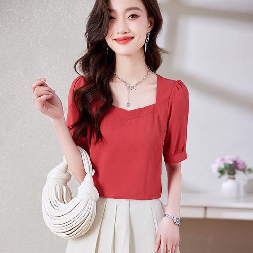 显瘦甜美，法式方领短袖t恤泡泡袖雪纺衫上衣KQL-403H7669 商品图2