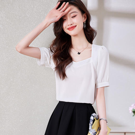 显瘦甜美，法式方领短袖t恤泡泡袖雪纺衫上衣KQL-403H7669 商品图6