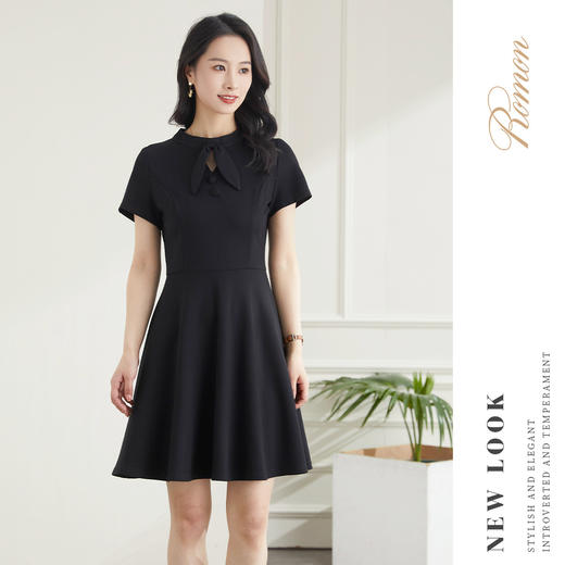 罗蒙夏季女装短袖连衣裙女士修身显瘦蝴蝶结装饰领通勤百搭休闲连衣裙 商品图1