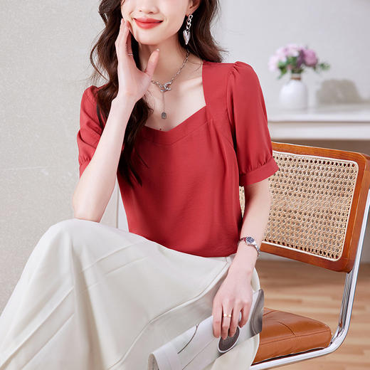 显瘦甜美，法式方领短袖t恤泡泡袖雪纺衫上衣KQL-403H7669 商品图0